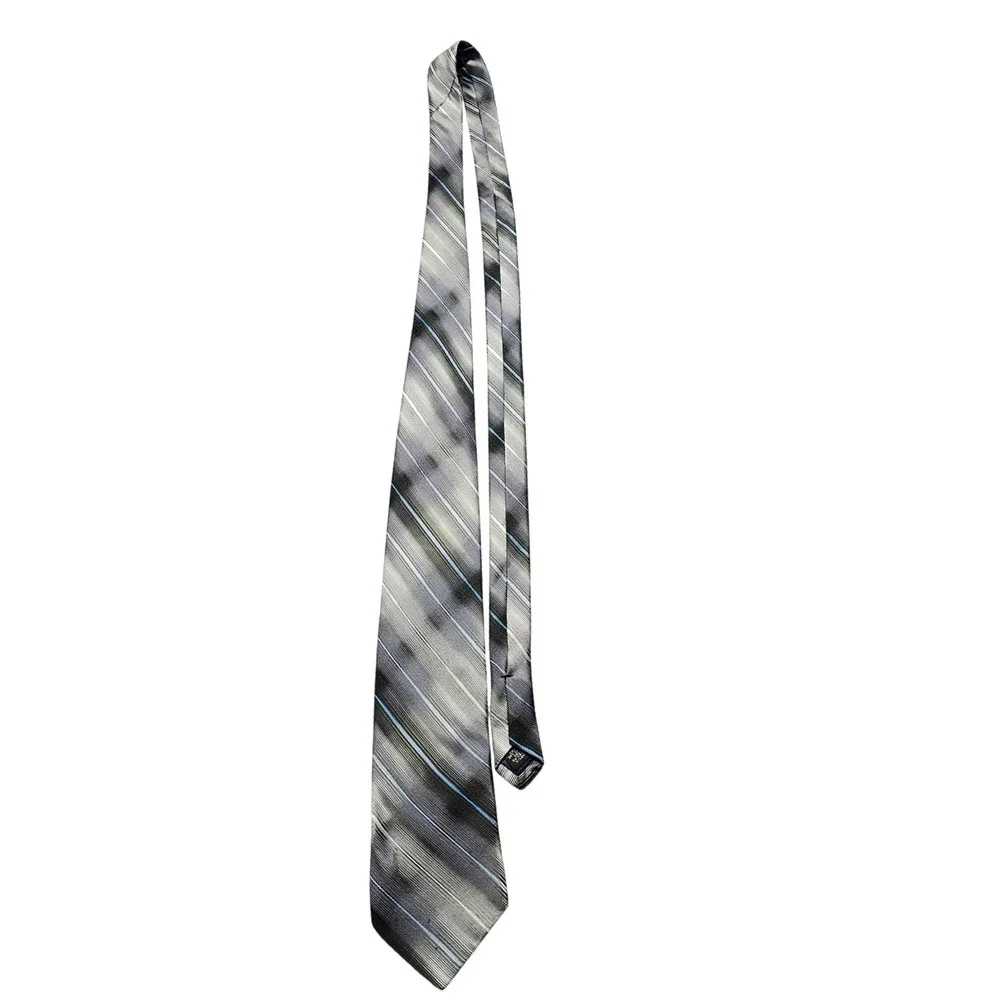 Paul Dione Mens Silk Necktie Grey Black Blue Diagonal Striped‎ Classic Tie